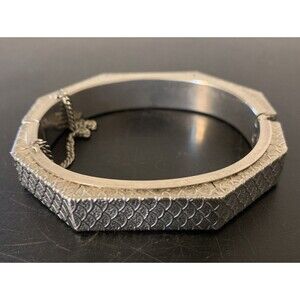 Antique ? Embossed Silver Tone Hinged Bangle Bracelet Oval Octagon